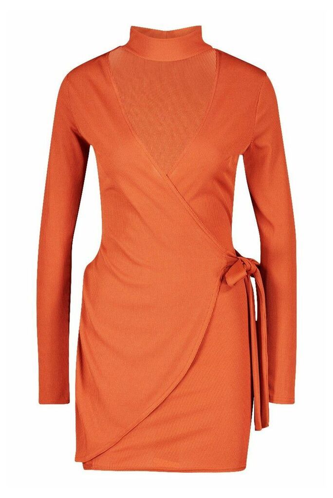 Womens Tie Side Rib Mini Dress - orange - 12, Orange