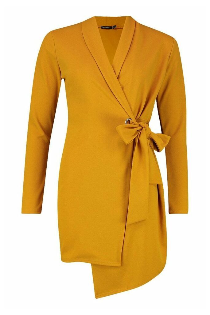 Womens Belted Waist Blazer Dress - yellow - 10, Yellow
