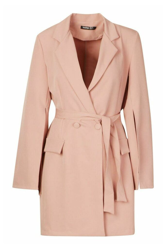 Womens Split Sleeve Double Breasted Belted Blazer Dress - pink - 14, Pink