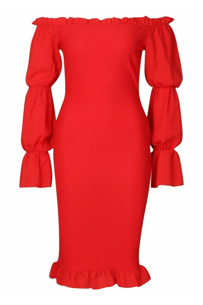 Womens Shirred Bodycon Dress With Tiered Sleeves - 8, Red