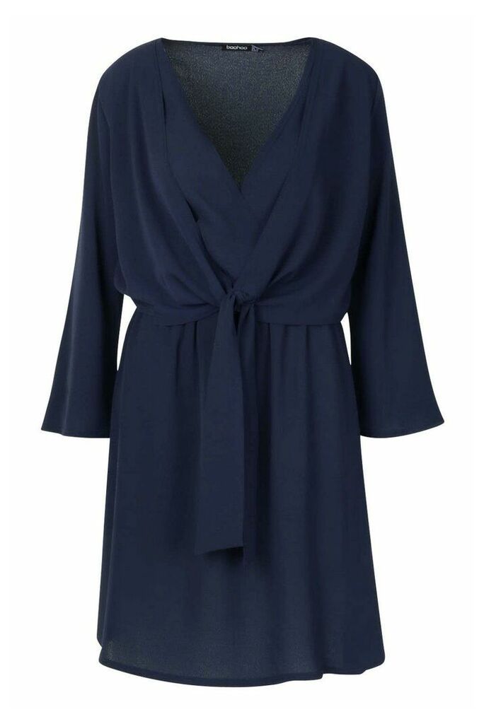 Womens Knot Front Woven Wrap Dress - Navy - 8, Navy