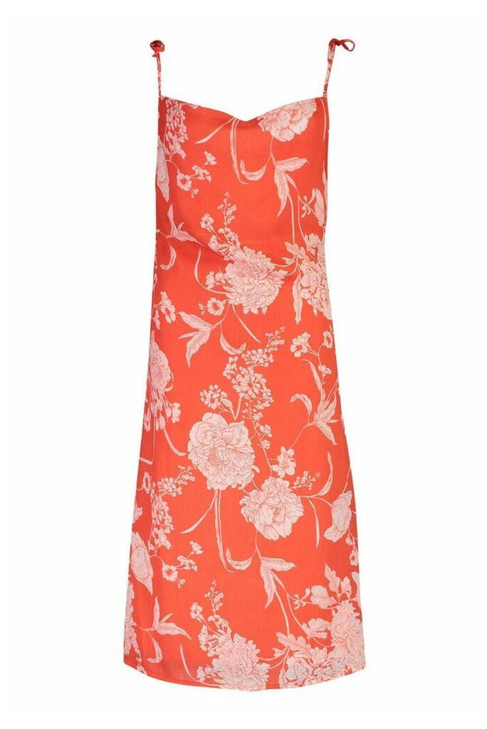 Womens Floral Print Cowl Neck Slip Dress - Red - 8, Red
