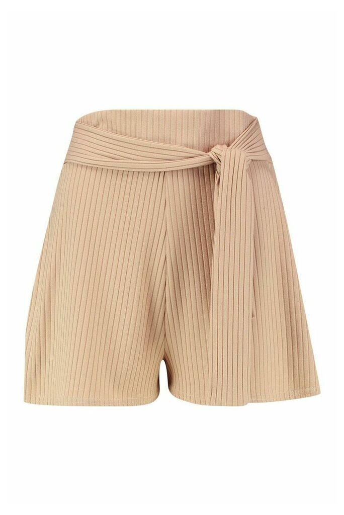 Womens Soft Ribbed Tie Front Shorts - Beige - 8, Beige