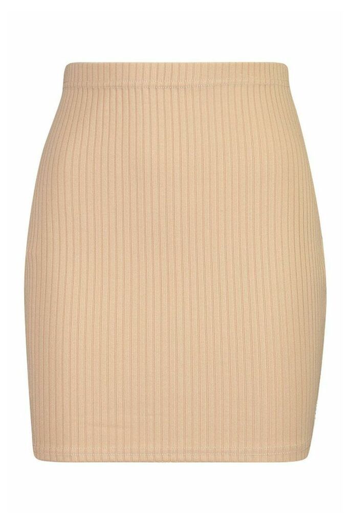 Womens Soft Rib Mini Skirt - Beige - 12, Beige