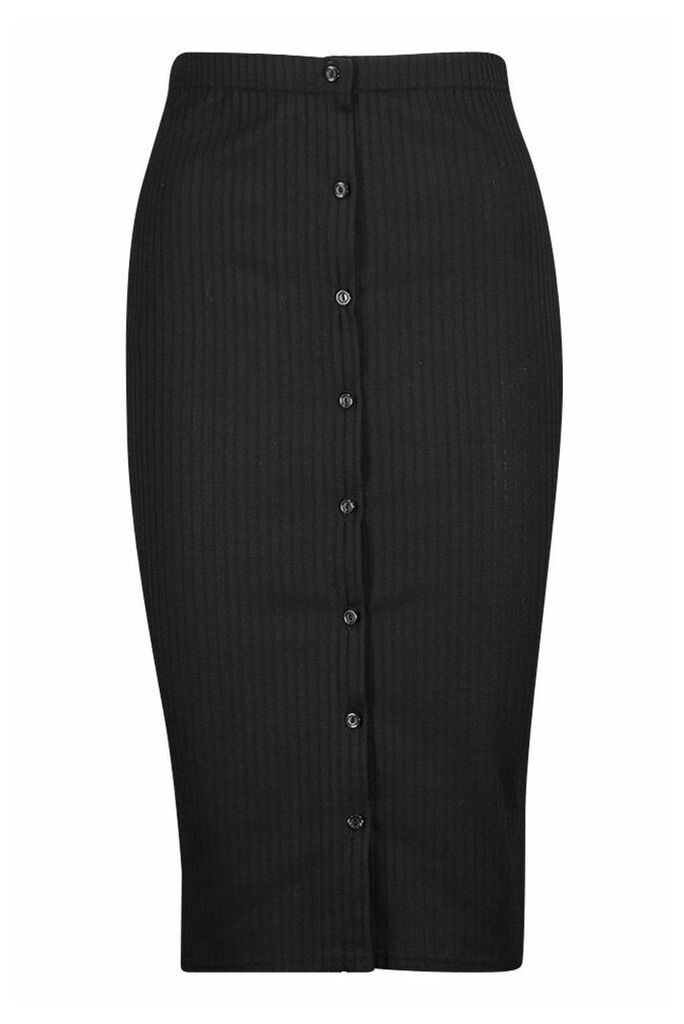 Womens Soft Rib Button Front Midi Skirt - Black - 8, Black