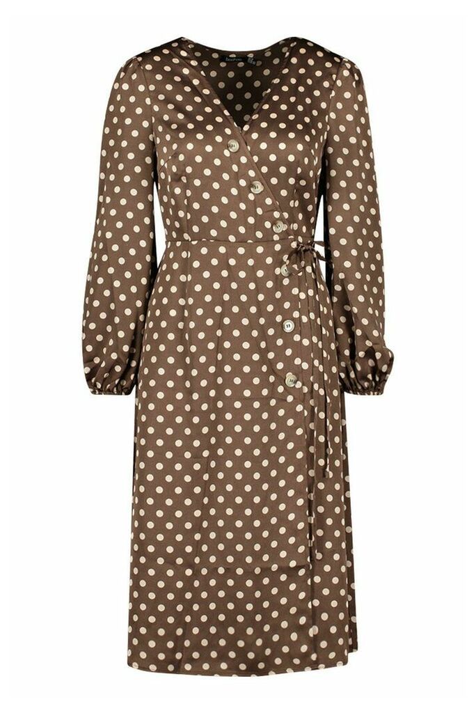 Womens Woven Spot Horn Button Wrap Midi Dress - Brown - 6, Brown