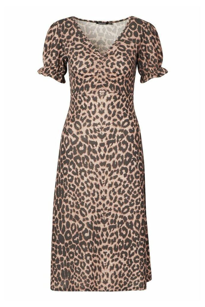 Womens Leopard Print Ruched Front Midi Dress - multi - 8, Multi