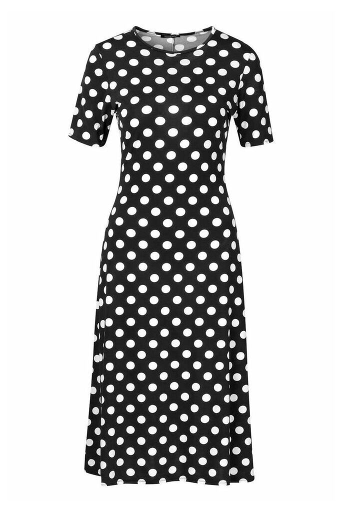 Womens Polka Dot Short Sleeve Midi Dress - black - 8, Black