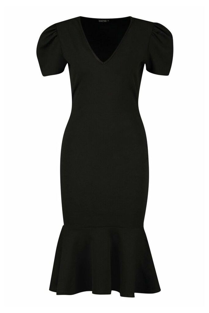 Womens V Neck Fishtail Midi Dress - black - 10, Black