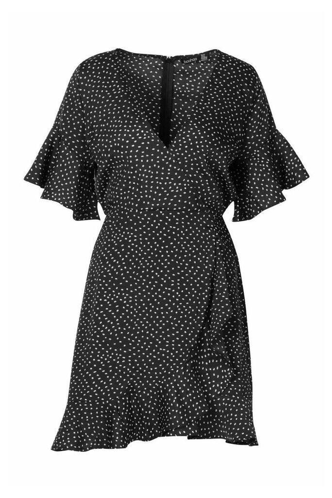 Womens Ditsy Polka Dot Print Ruffle Tea Dress - black - 12, Black