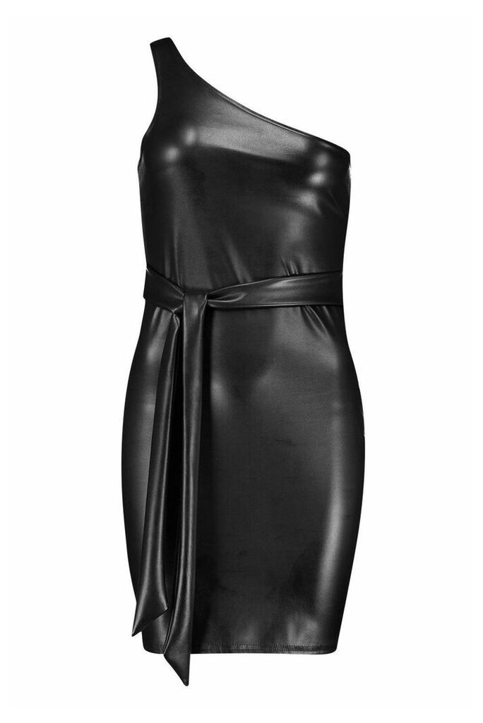 Womens Faux Leather One Shoulder Belted Midi Dress - black - 14, Black
