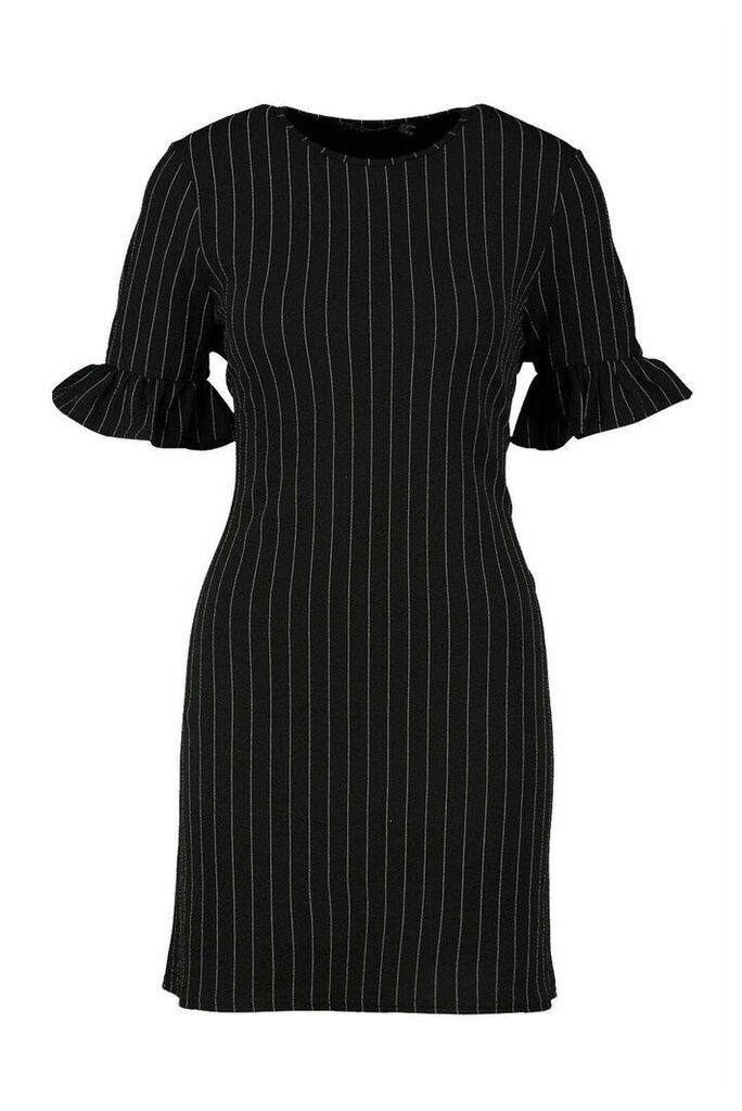 Womens Stripe Ruffle Sleeve Smock Dress - black - 8, Black