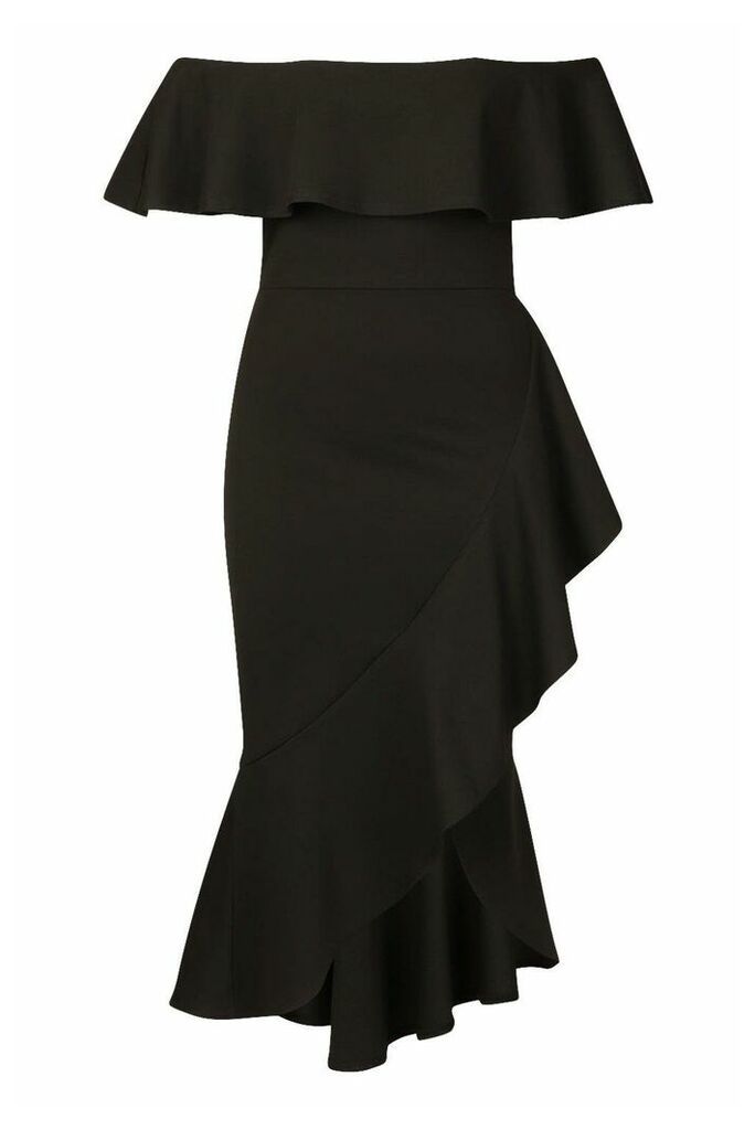 Womens Off The Shoulder Ruffle Midi Dress - Black - 8, Black