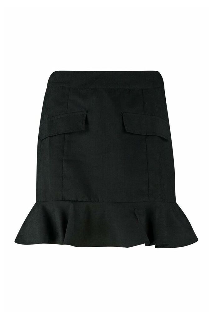 Womens Suedette Pocket Ruffle Hem Mini Skirt - black - 14, Black