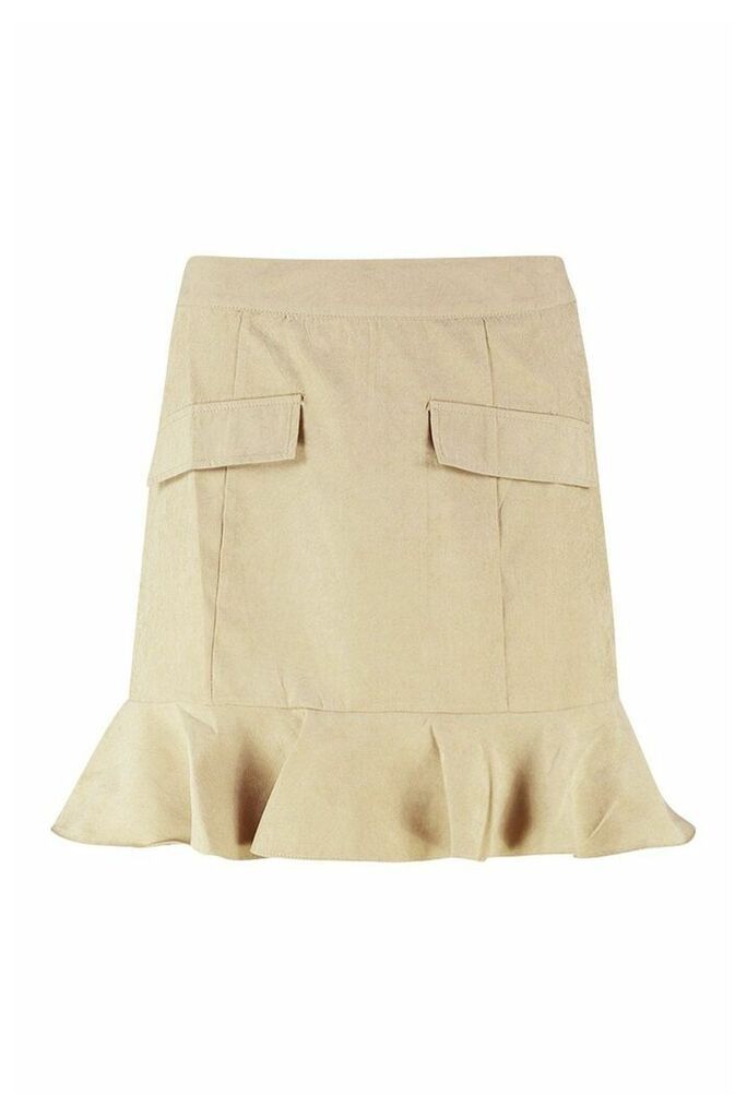Womens Suedette Pocket Ruffle Hem Mini Skirt - beige - 8, Beige
