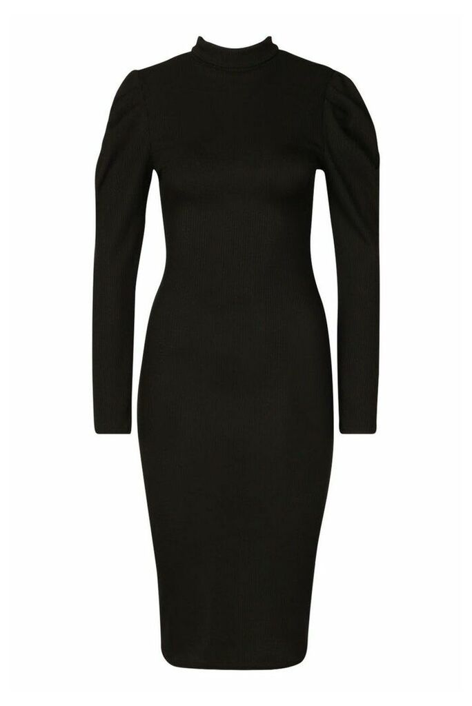 Womens Recycled High Neck Puff Sleeve Midi Dress - black - 8, Black
