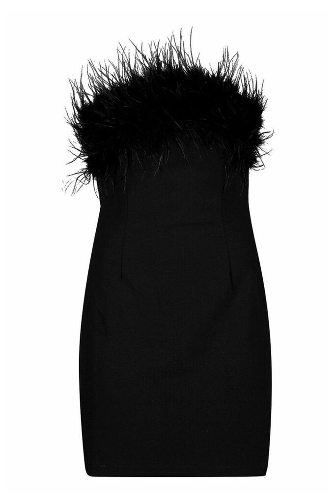 Womens Bandeau Feather Mini Bodycon Dress - Black - 14, Black
