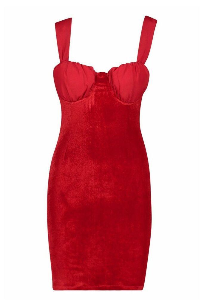 Womens Cup Detail Velvet Dress - Red - 12, Red