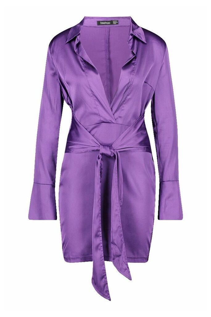 Womens Satin Plunge Wrap Shirt Dress - purple - 14, Purple