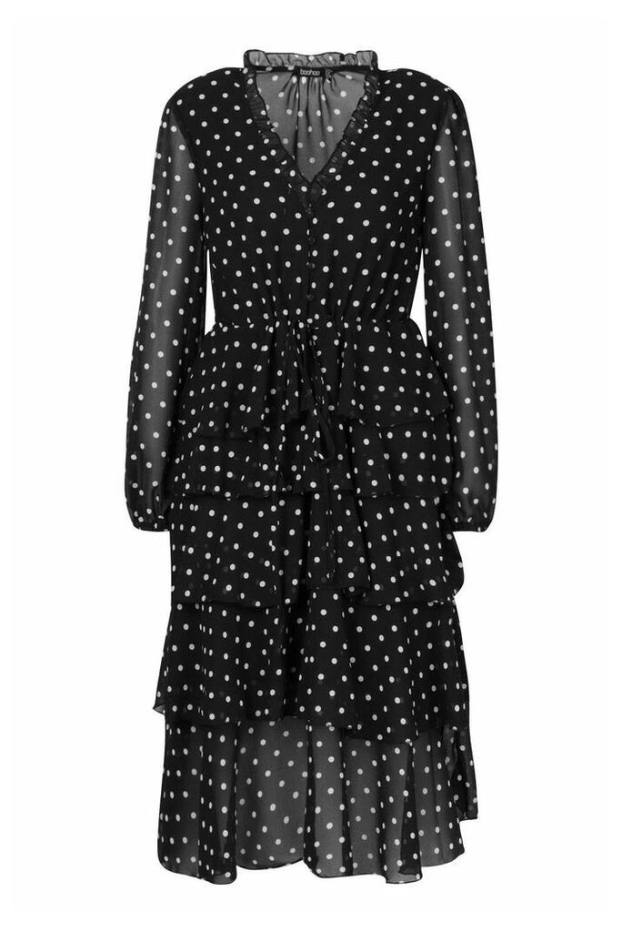 Womens Ruffle Polka Dot Dress - black - 8, Black