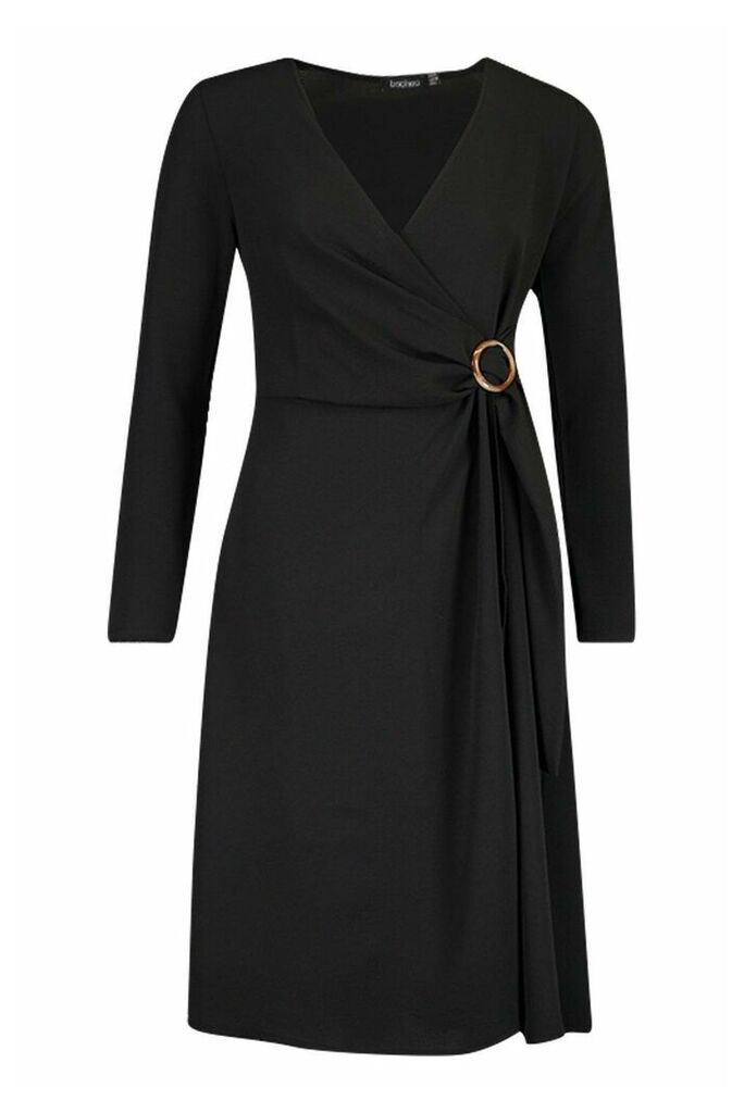 Womens Wrap Front Buckle Detail Midi Dress - black - 8, Black