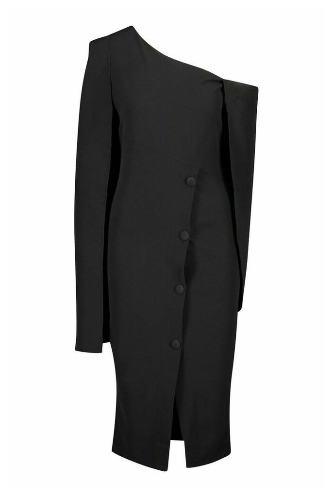 Womens Cape Detail One Shoulder Cover Button Dress - black - 12, Black