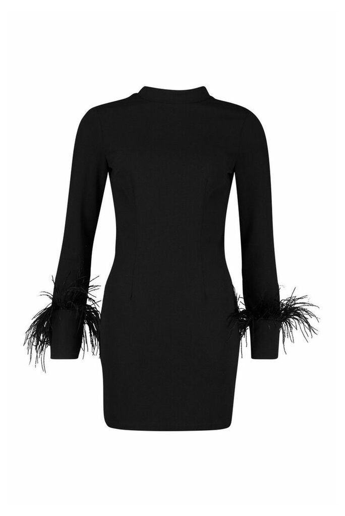 Womens High Neck Feather Cuff Mini Dress - black - 12, Black