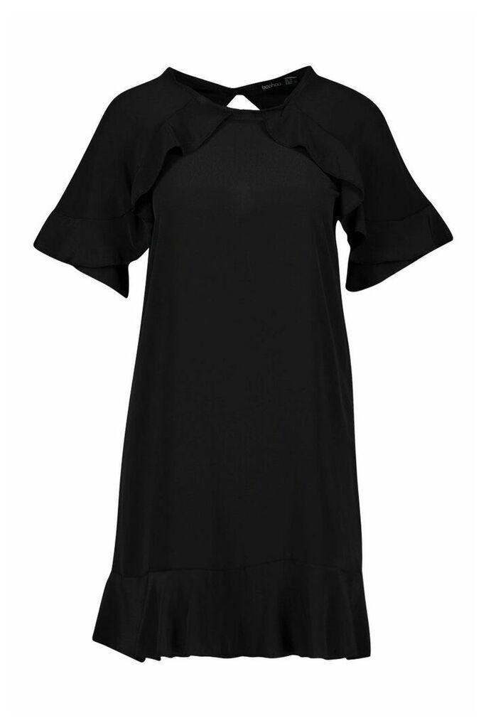 Womens Ruffle Detail Sleeve & Hem Shift Dress - Black - 8, Black