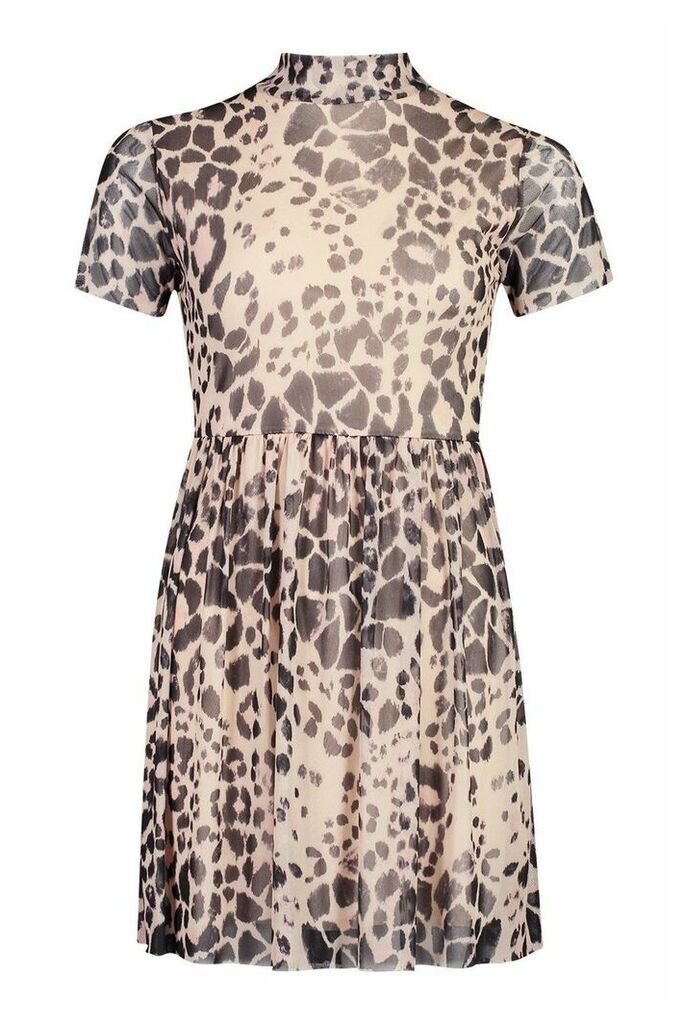 Womens High Neck Mesh Leopard Smock Dress - black - 8, Black