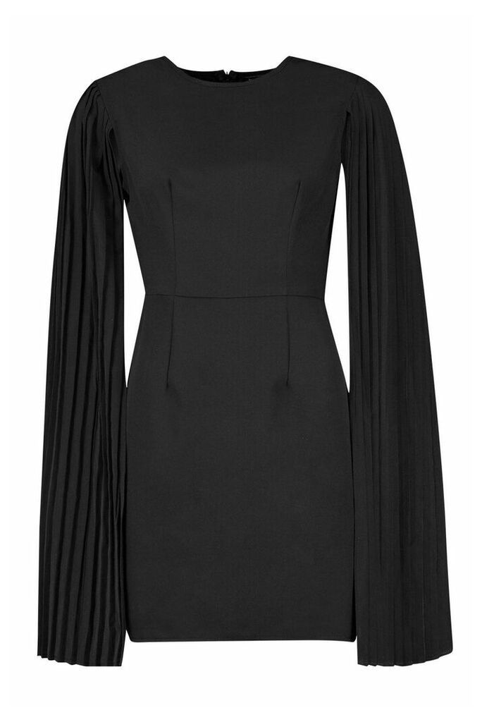 Womens Pleated Cape Sleeve Mini Dress - black - 10, Black