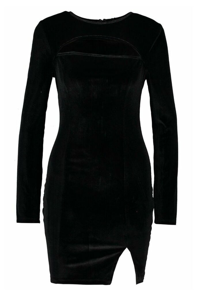 Womens Velvet Cut Out Front Mini Dress - black - 12, Black