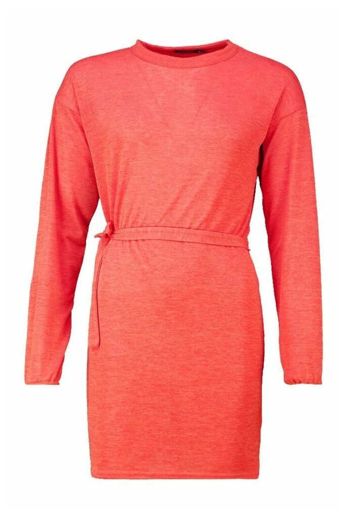 Womens Brushed Funnel Neck Tie Waist Shift Dress - orange - 10, Orange