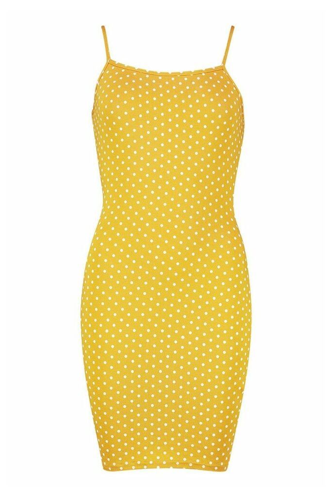 Womens Polka Dot Strappy Jersey Bodycon Dress - yellow - 14, Yellow