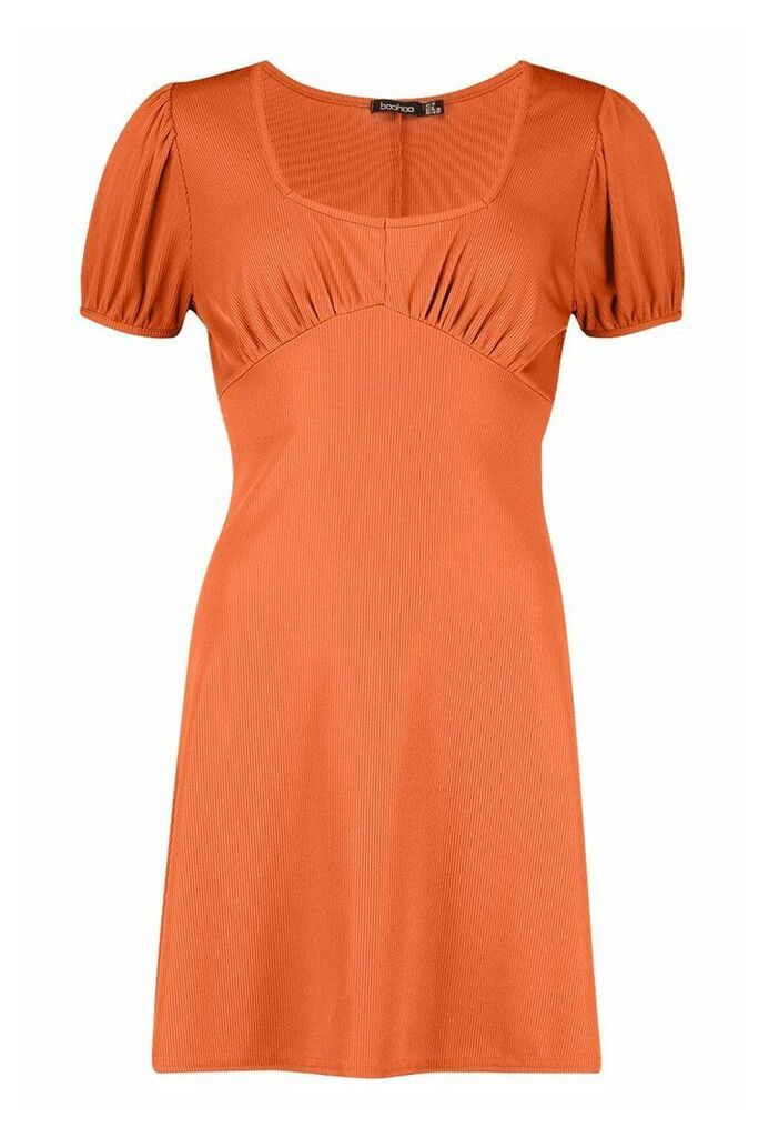 Womens Short Sleeve Rib Fit + Flare Mini Dress - orange - 12, Orange