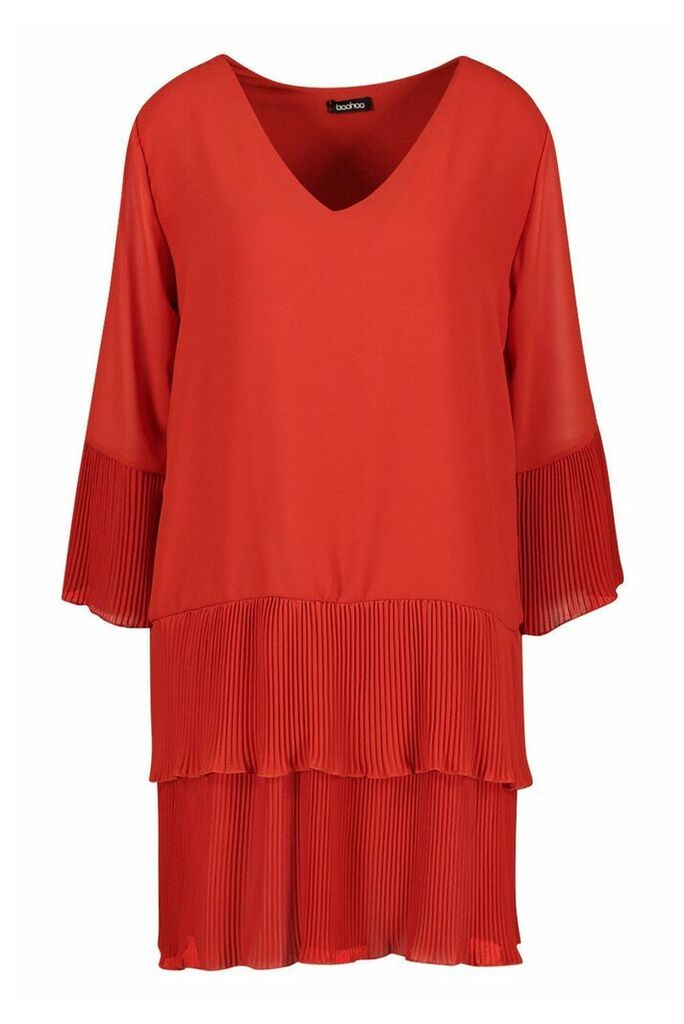 Womens Woven V Neck Pleated Hem Shift Dress - orange - 8, Orange