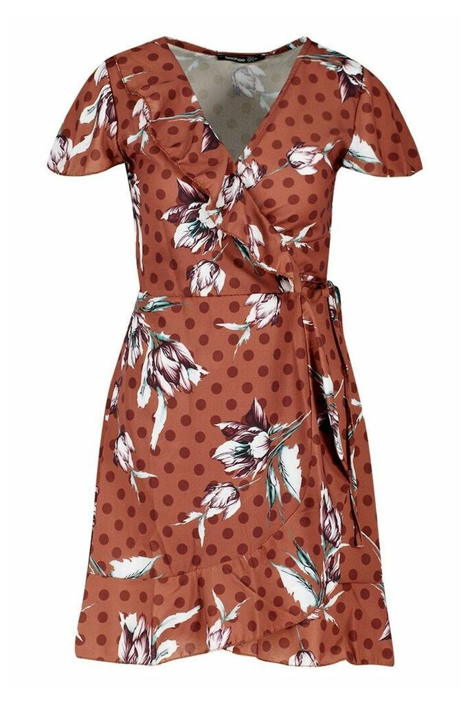 Womens Geo Print Wrap Ruffle Mini Tea Dress - brown - 10, Brown