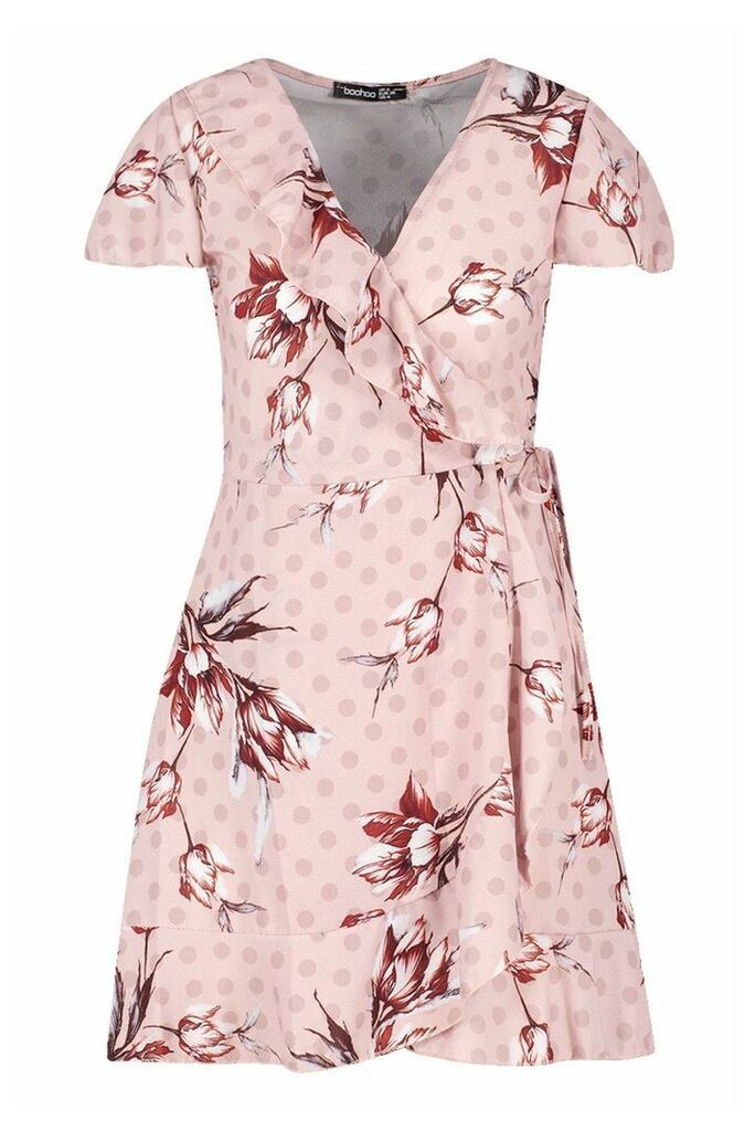 Womens Geo Print Wrap Ruffle Mini Tea Dress - Pink - 8, Pink