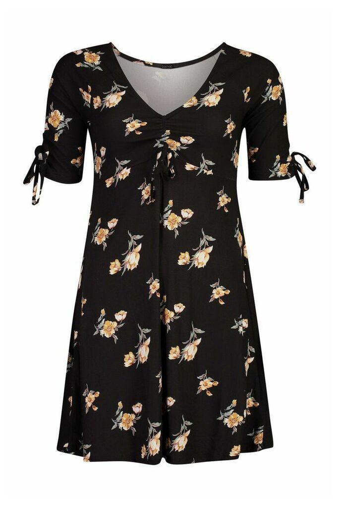 Womens Floral Print Rouched Tie Sleeve Swing Dress - black - XS, Black