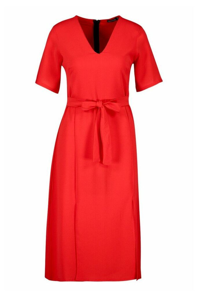 Womens Ruffle Sleeve Belted Midi Dress - Red - 8, Red