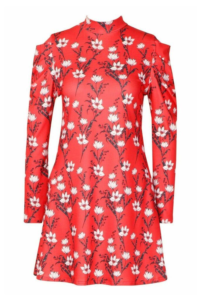 Womens Floral High Neck Puff Sleeve Swing Dress - red - 10, Red