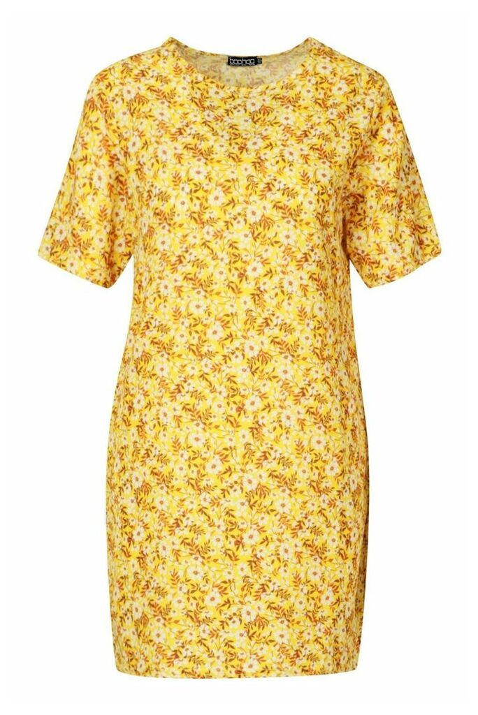 Womens Short Sleeve Floral Print Shift Dress - yellow - 12, Yellow