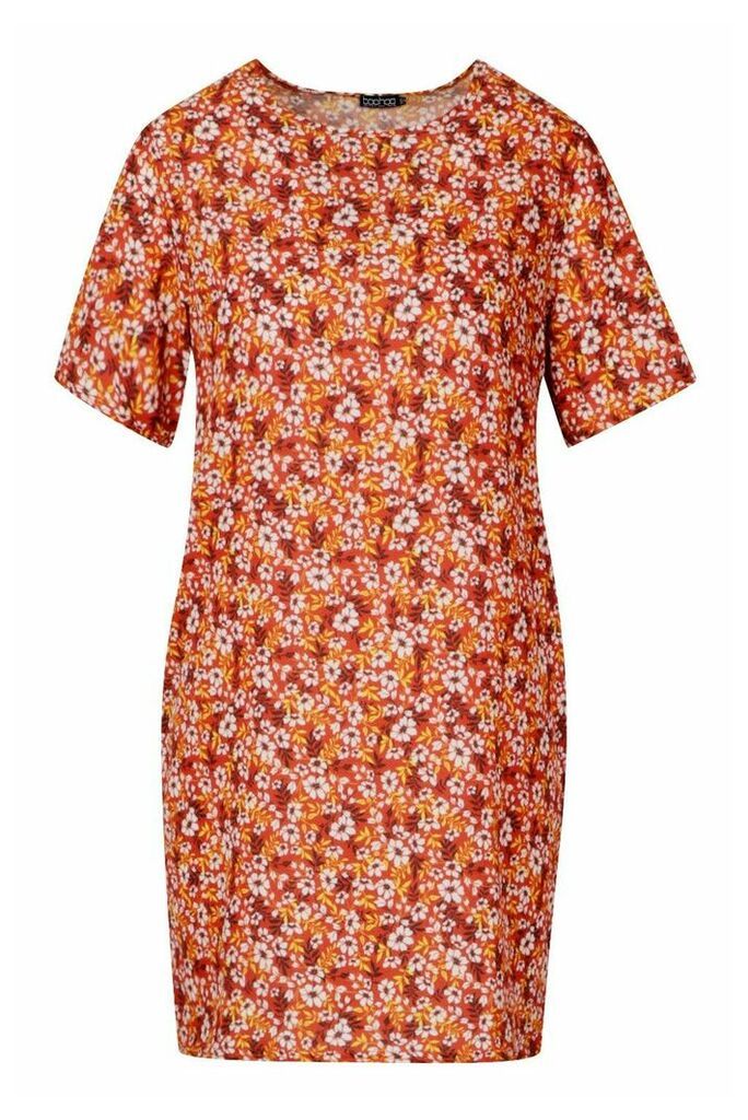 Womens Short Sleeve Floral Print Shift Dress - orange - 8, Orange