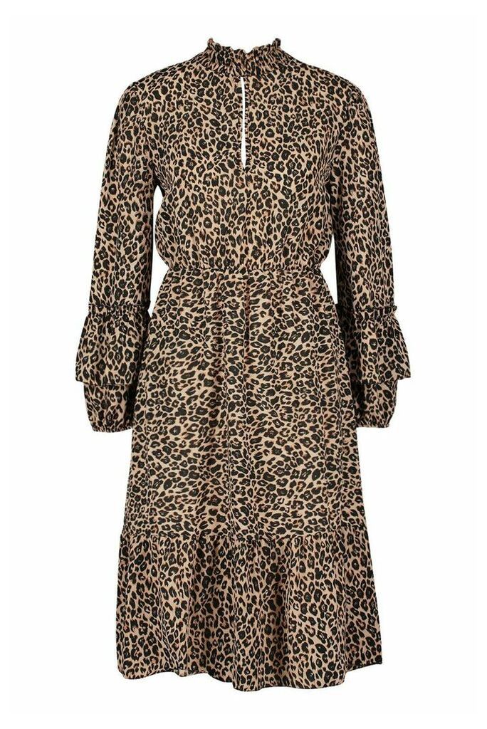 Womens Leopard Print Shirred Neck Keyhole Midi Dress - brown - 6, Brown