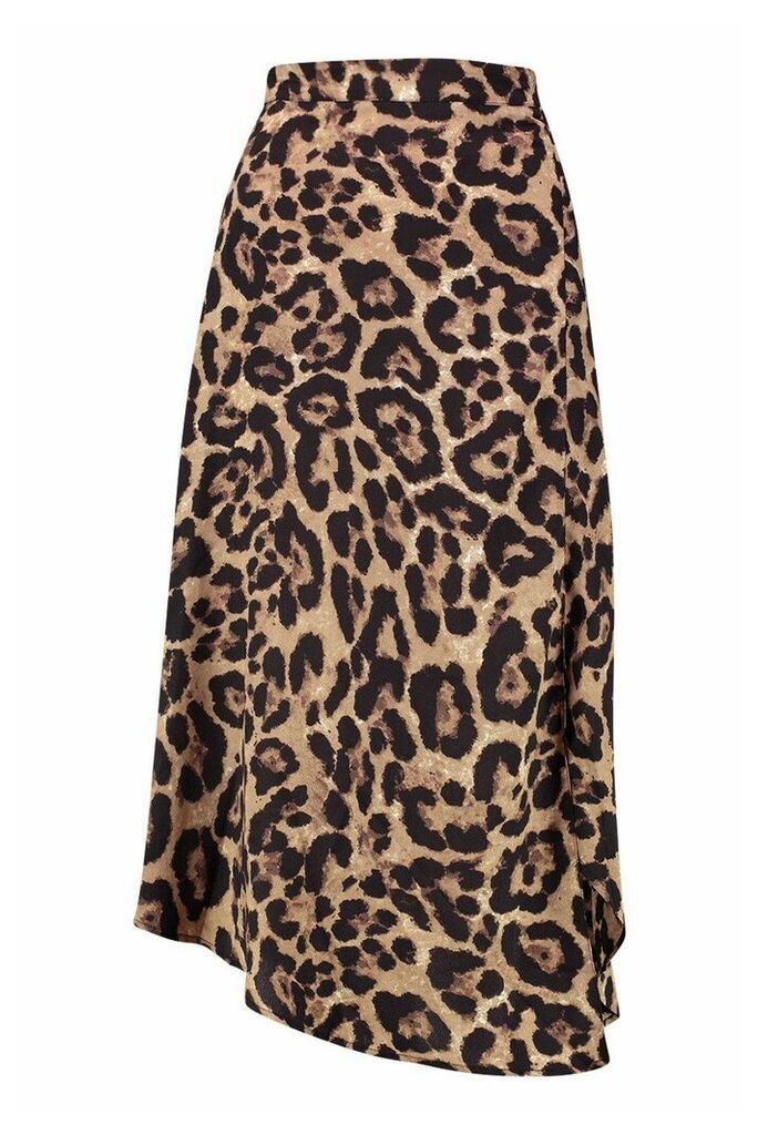 Womens Leopard Split Midi Skirt - brown - 14, Brown