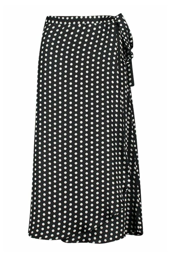 Womens Polka Dot Wrap Front Midi Skirt - black - 14, Black