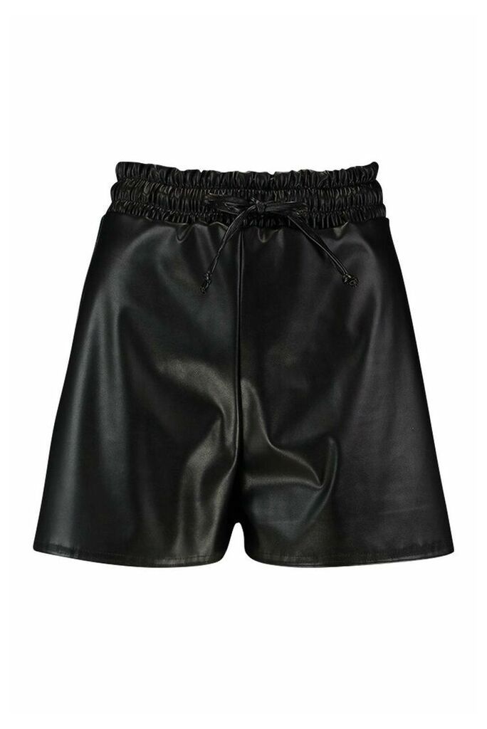 Womens Elasticated Waist Leather Look Shorts - black - 14, Black
