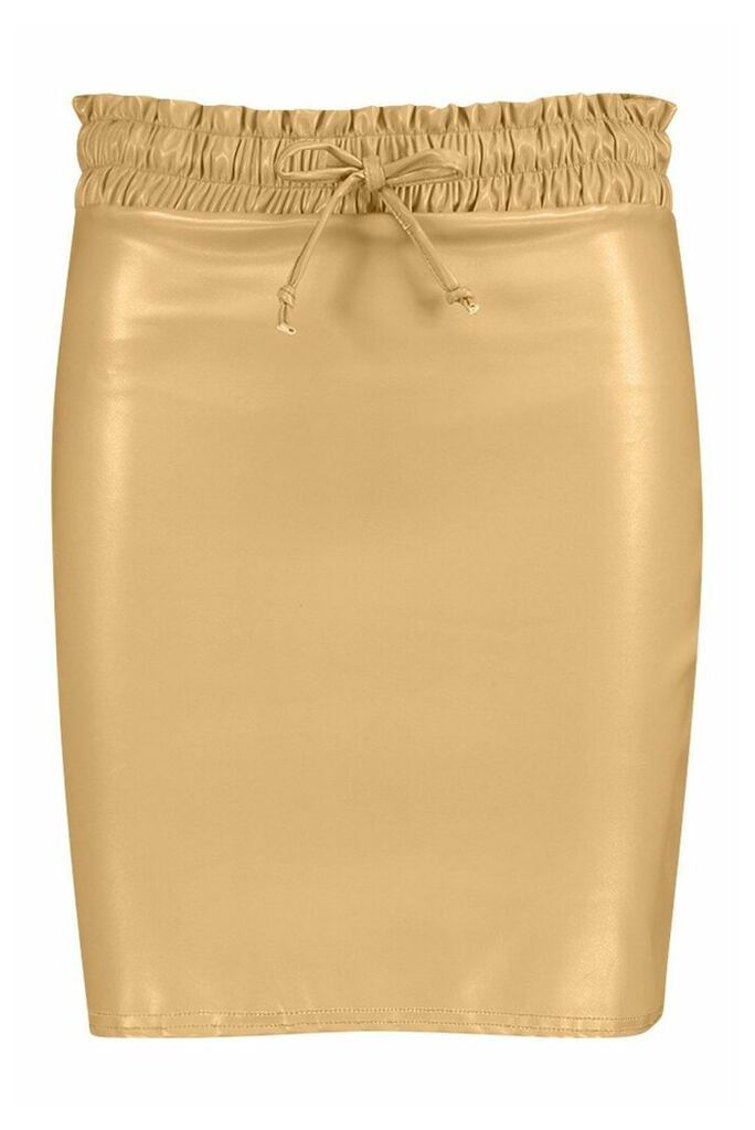 Womens Elasticated Waist Leather Look Mini Skirt - beige - 16, Beige