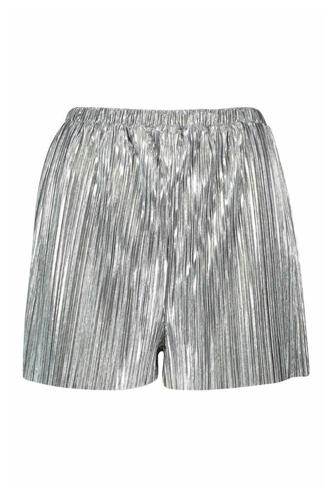 Womens Metallic Plisse Shorts - grey - 10, Grey