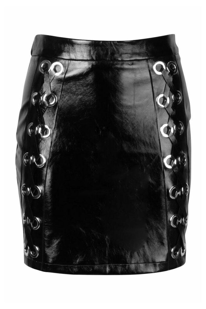 Womens Lace Up Eyelet Vinyl Mini Skirt - black - 14, Black
