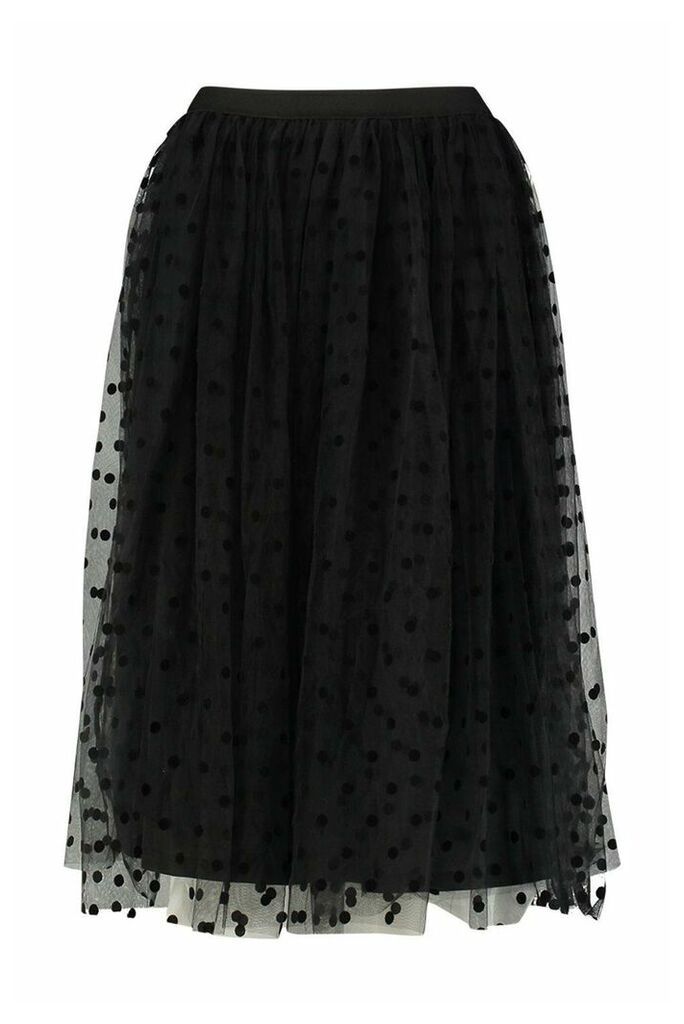 Womens Polka Dot Flocked Tulle Midi Skirt - black - 12, Black